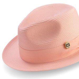 Peach Braided Wide Brim Pinch Fedora Matching Grosgrain Ribbon Hat H-42